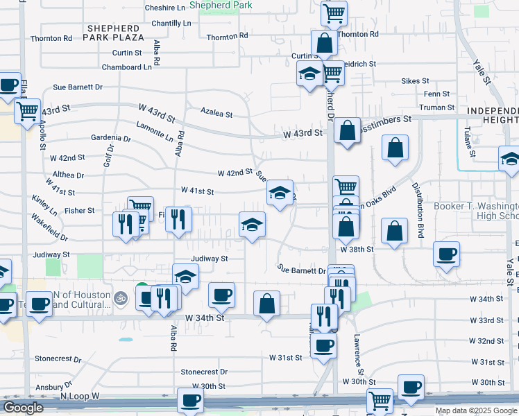 map of restaurants, bars, coffee shops, grocery stores, and more near 808 Fisher Street in Houston