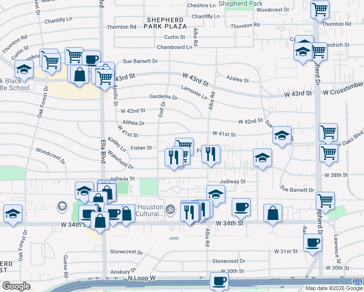map of restaurants, bars, coffee shops, grocery stores, and more near 936 Fisher Street in Houston