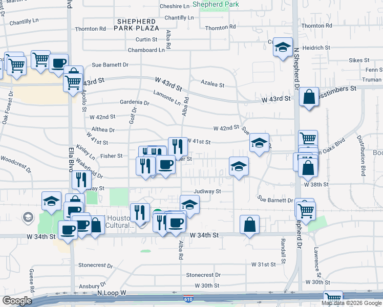 map of restaurants, bars, coffee shops, grocery stores, and more near 862 Fisher Street in Houston