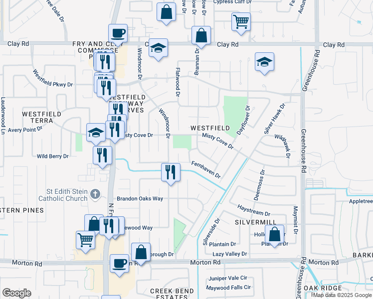 map of restaurants, bars, coffee shops, grocery stores, and more near 3515 Sweetspire Road in Katy