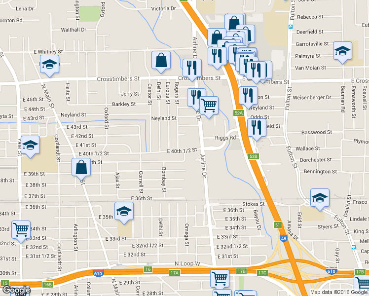 map of restaurants, bars, coffee shops, grocery stores, and more near 1213 East 40th 1/2 Street in Houston