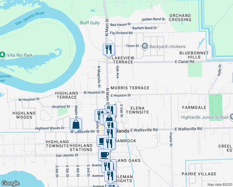 map of restaurants, bars, coffee shops, grocery stores, and more near 108 East Houston Street in Highlands