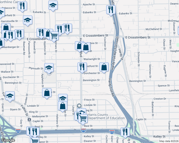 map of restaurants, bars, coffee shops, grocery stores, and more near 833 Dorchester Street in Houston