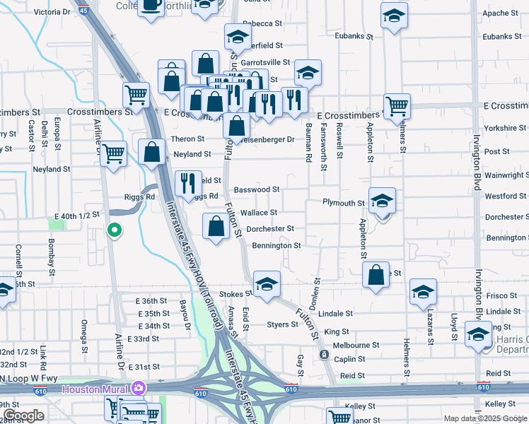 map of restaurants, bars, coffee shops, grocery stores, and more near 138 Wallace Street in Houston