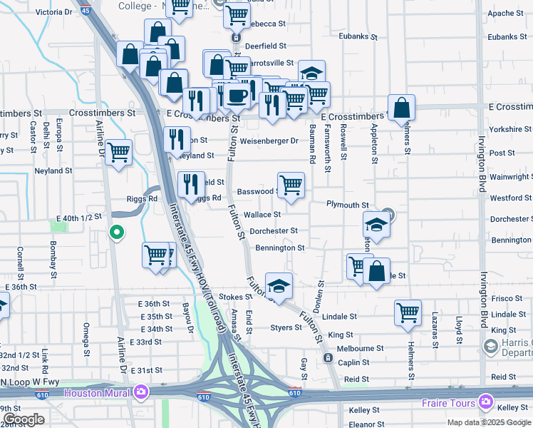 map of restaurants, bars, coffee shops, grocery stores, and more near 138 Wallace Street in Houston