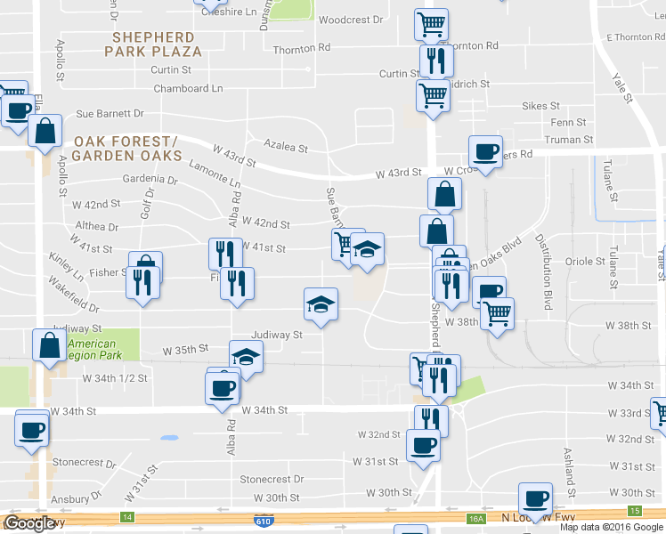 map of restaurants, bars, coffee shops, grocery stores, and more near 808 Fisher Street in Houston