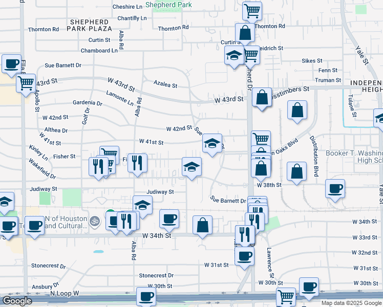 map of restaurants, bars, coffee shops, grocery stores, and more near 808 Fisher Street in Houston