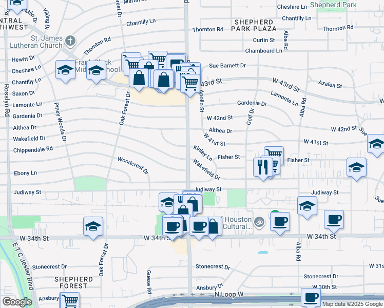 map of restaurants, bars, coffee shops, grocery stores, and more near 1133 Kinley Lane in Houston