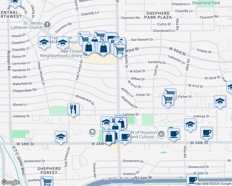 map of restaurants, bars, coffee shops, grocery stores, and more near 3817 Ella Boulevard in Houston