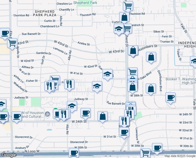map of restaurants, bars, coffee shops, grocery stores, and more near 814 Fisher Street in Houston