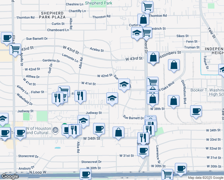 map of restaurants, bars, coffee shops, grocery stores, and more near 808 Fisher Street in Houston