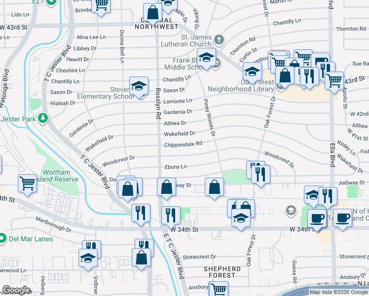 map of restaurants, bars, coffee shops, grocery stores, and more near 1702 Woodcrest Drive in Houston