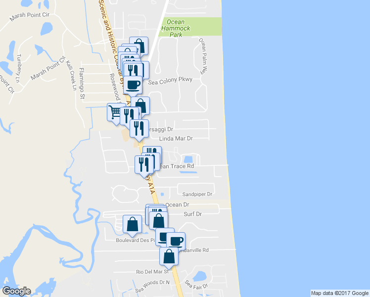 map of restaurants, bars, coffee shops, grocery stores, and more near 8 Ocean Trace Road in St. Augustine