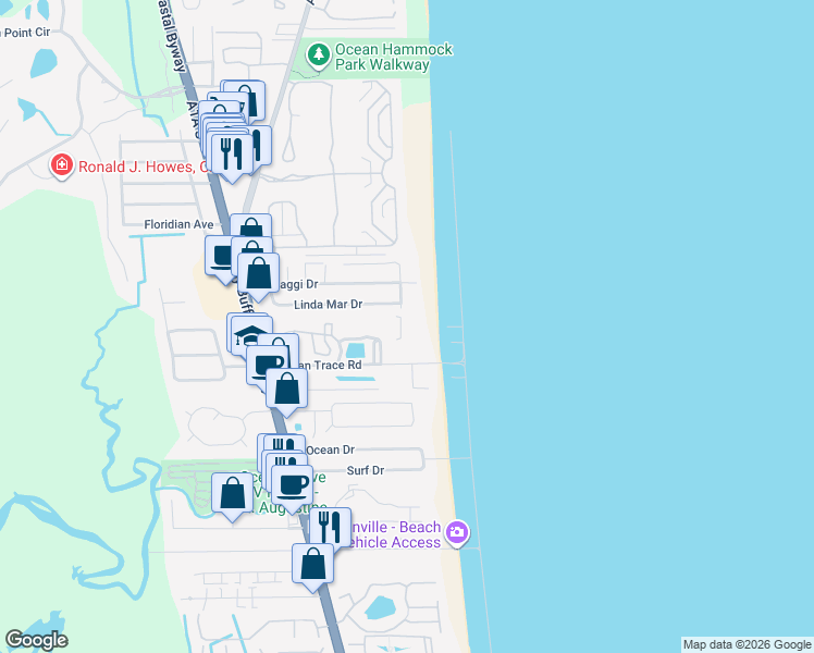 map of restaurants, bars, coffee shops, grocery stores, and more near 4 Ocean Trace Road in St. Augustine