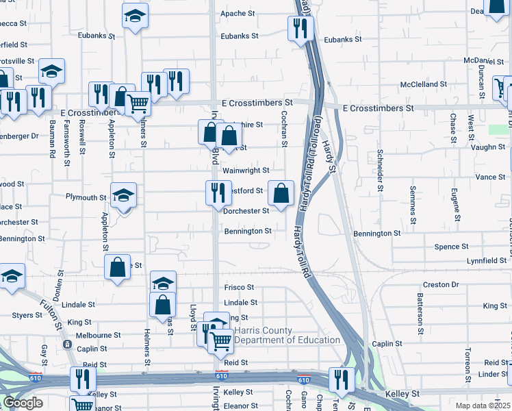 map of restaurants, bars, coffee shops, grocery stores, and more near 927 Dorchester Street in Houston