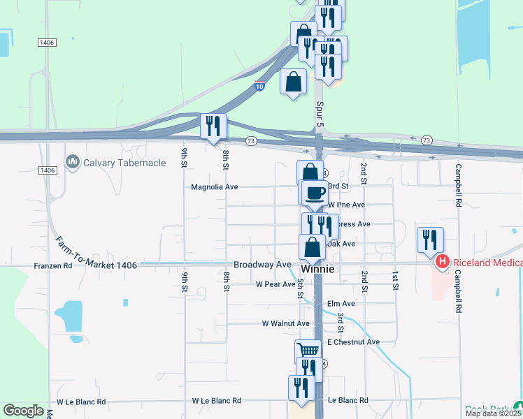 map of restaurants, bars, coffee shops, grocery stores, and more near 318 Cypress Avenue in Winnie