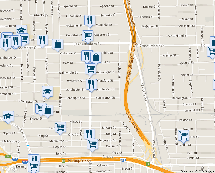 map of restaurants, bars, coffee shops, grocery stores, and more near 929 Dorchester Street in Houston