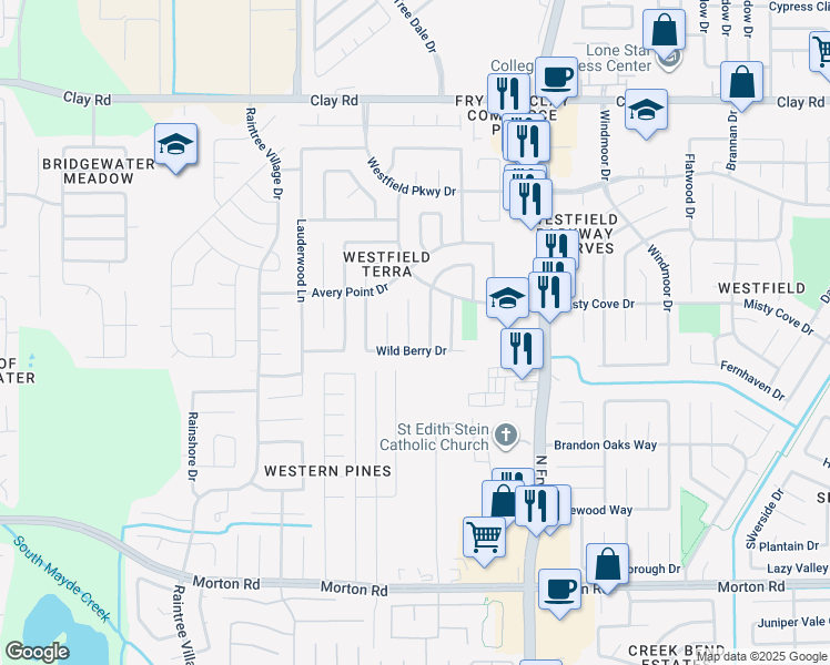 map of restaurants, bars, coffee shops, grocery stores, and more near 3607 Winstrome Court in Katy