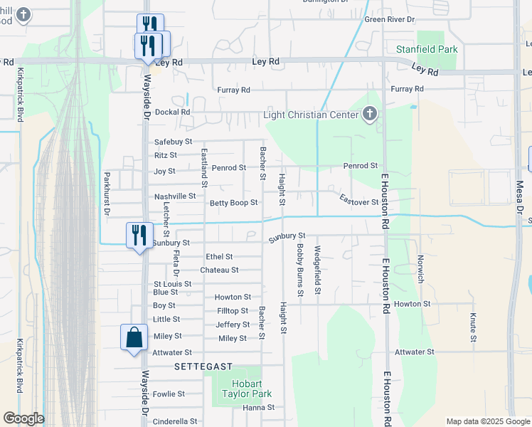 map of restaurants, bars, coffee shops, grocery stores, and more near 6606 Bacher Street in Houston