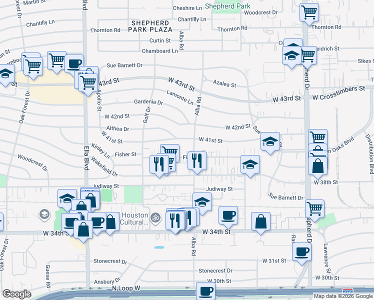 map of restaurants, bars, coffee shops, grocery stores, and more near 4001 Alba Road in Houston