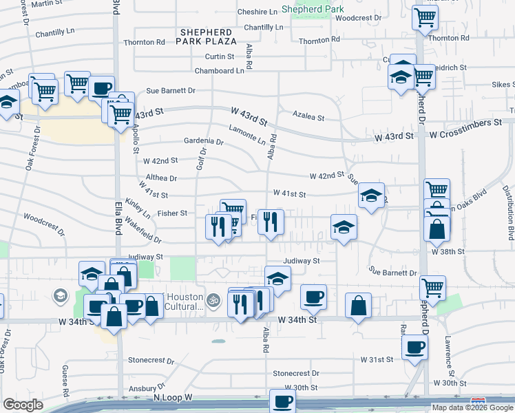 map of restaurants, bars, coffee shops, grocery stores, and more near 4001 Alba Road in Houston