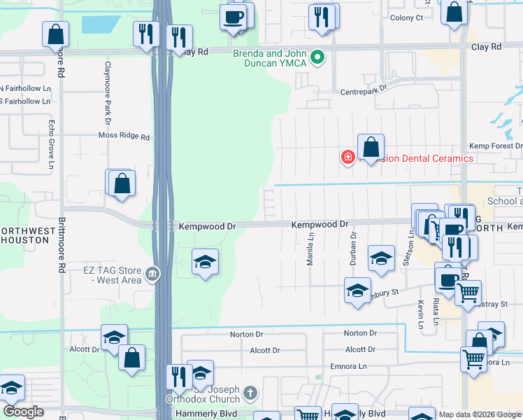 map of restaurants, bars, coffee shops, grocery stores, and more near 2803 Shadow Woods Court in Houston