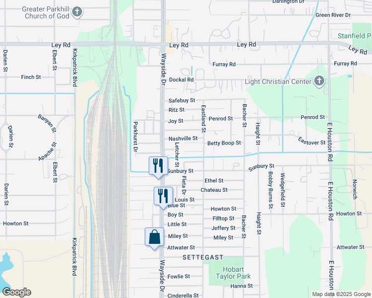 map of restaurants, bars, coffee shops, grocery stores, and more near 6610 Letcher Street in Houston