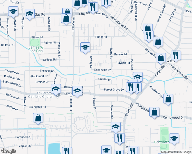 map of restaurants, bars, coffee shops, grocery stores, and more near 3210 Soway Street in Houston