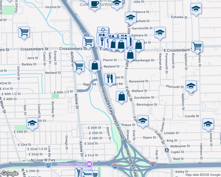 map of restaurants, bars, coffee shops, grocery stores, and more near 7070 Allensby Street in Houston