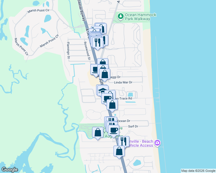 map of restaurants, bars, coffee shops, grocery stores, and more near 3960 A1A South in St. Augustine