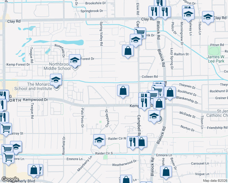 map of restaurants, bars, coffee shops, grocery stores, and more near 3315 Spring Valley Road in Houston