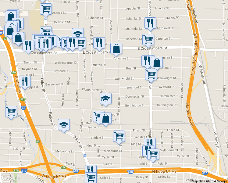 map of restaurants, bars, coffee shops, grocery stores, and more near 525 Bennington Street in Houston