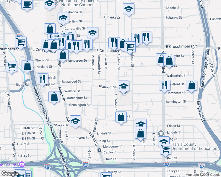 map of restaurants, bars, coffee shops, grocery stores, and more near 7007 Appleton Street in Houston