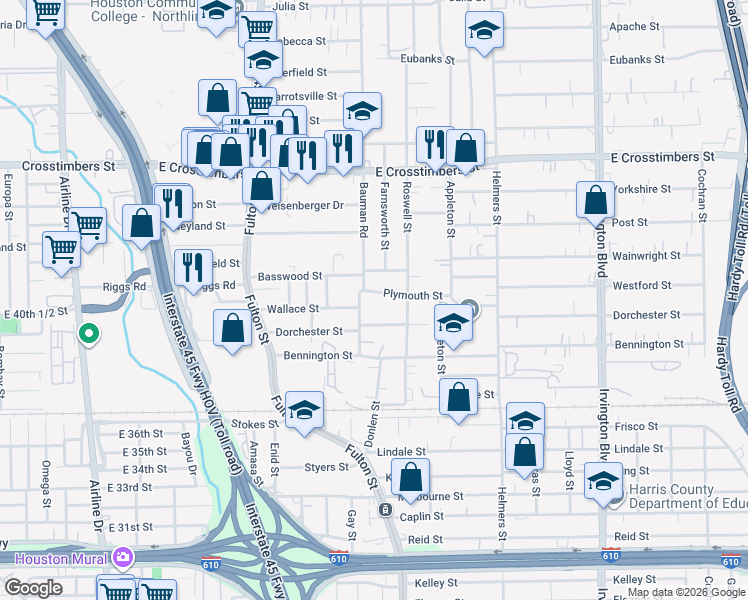 map of restaurants, bars, coffee shops, grocery stores, and more near 301 Dorchester Street in Houston