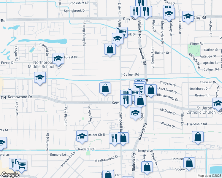 map of restaurants, bars, coffee shops, grocery stores, and more near 9524 Kempwood Drive in Houston