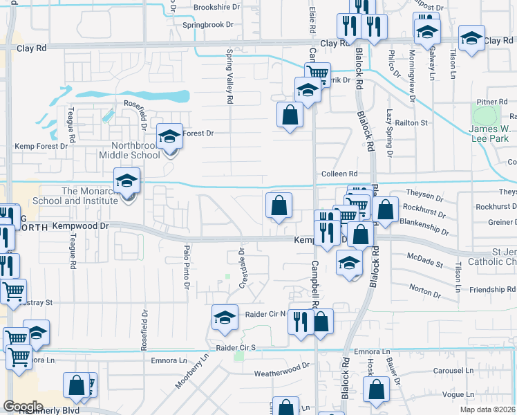 map of restaurants, bars, coffee shops, grocery stores, and more near 3315 Spring Valley Road in Houston