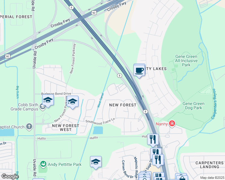map of restaurants, bars, coffee shops, grocery stores, and more near 6926 Russelfield Lane in Houston