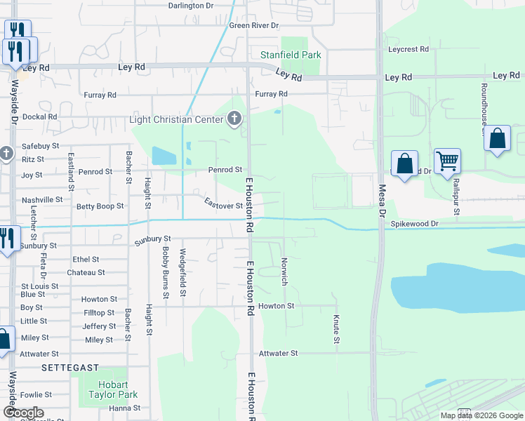map of restaurants, bars, coffee shops, grocery stores, and more near 6517 East Houston Road in Houston