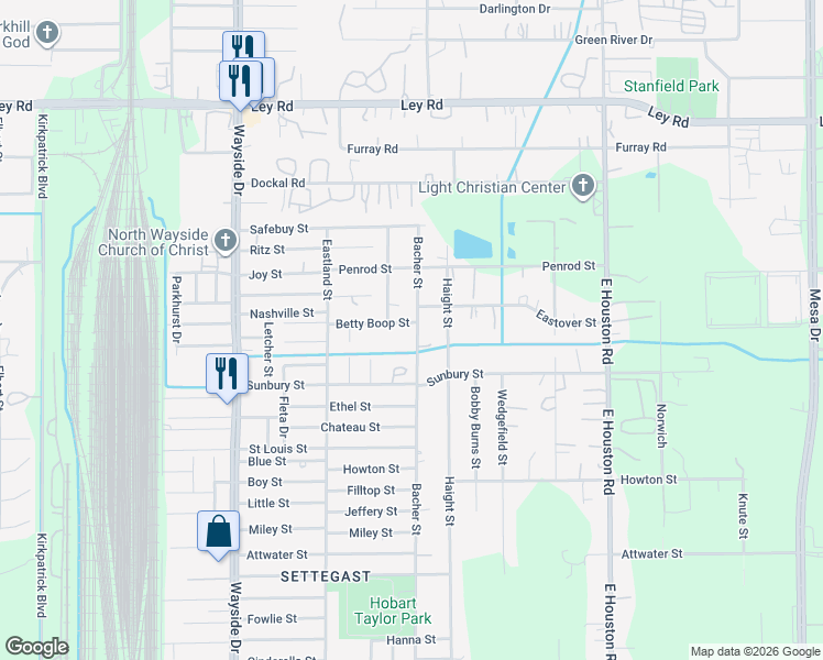 map of restaurants, bars, coffee shops, grocery stores, and more near 6606 Bacher Street in Houston