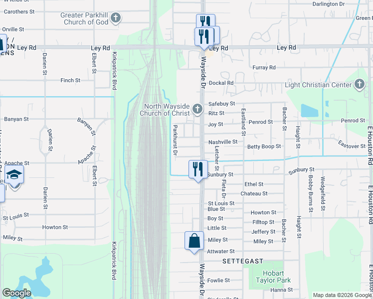 map of restaurants, bars, coffee shops, grocery stores, and more near 7830 Belroit Street in Houston