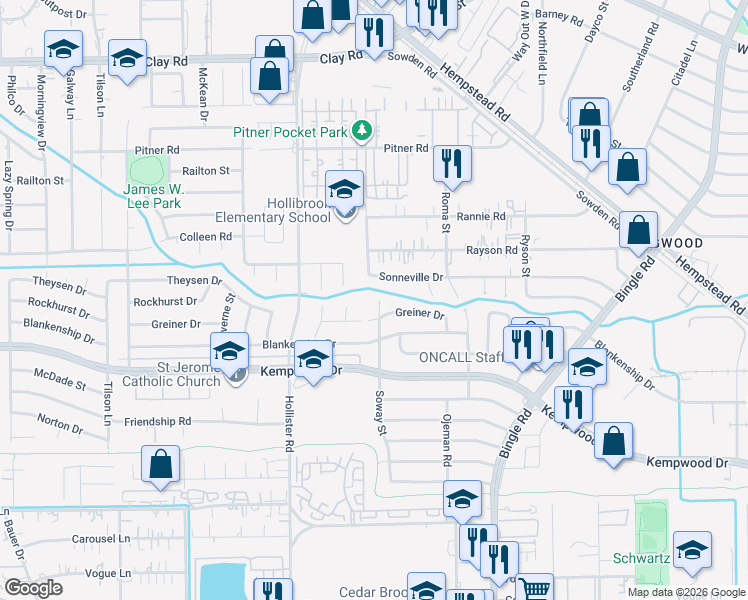 map of restaurants, bars, coffee shops, grocery stores, and more near 8710 Greiner Drive in Houston