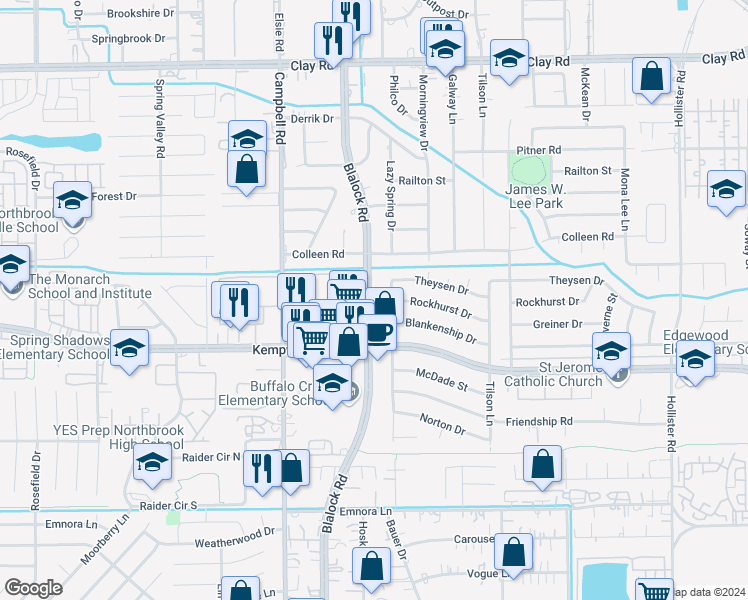 map of restaurants, bars, coffee shops, grocery stores, and more near 3107 Blalock Road in Houston
