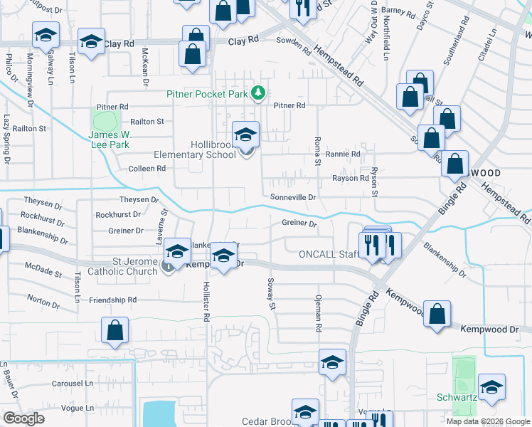 map of restaurants, bars, coffee shops, grocery stores, and more near 8710 Greiner Drive in Houston