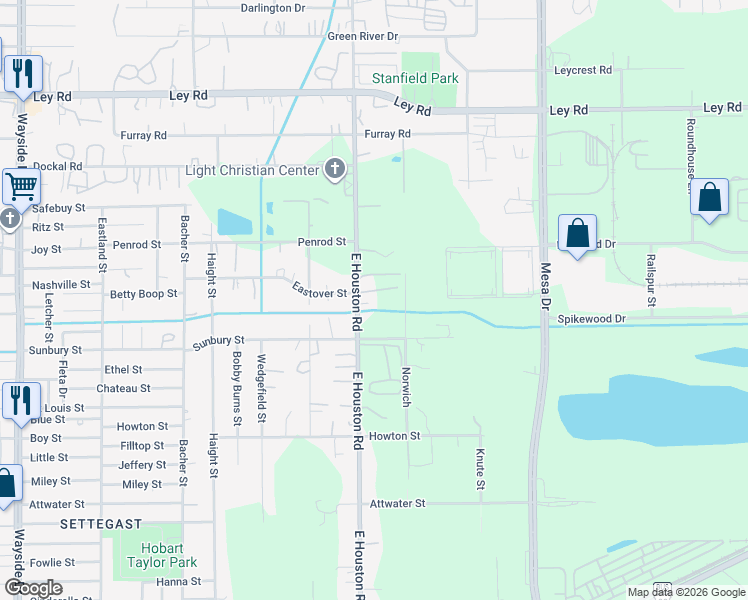 map of restaurants, bars, coffee shops, grocery stores, and more near 6517 East Houston Road in Houston