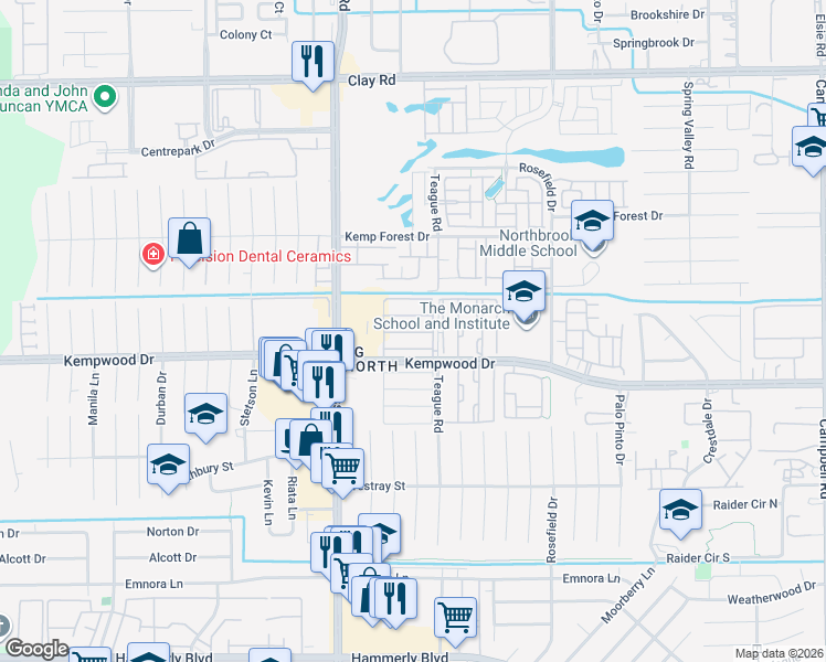 map of restaurants, bars, coffee shops, grocery stores, and more near 10108 Kempwood Drive in Houston