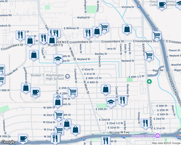 map of restaurants, bars, coffee shops, grocery stores, and more near 419 East 41st Street in Houston