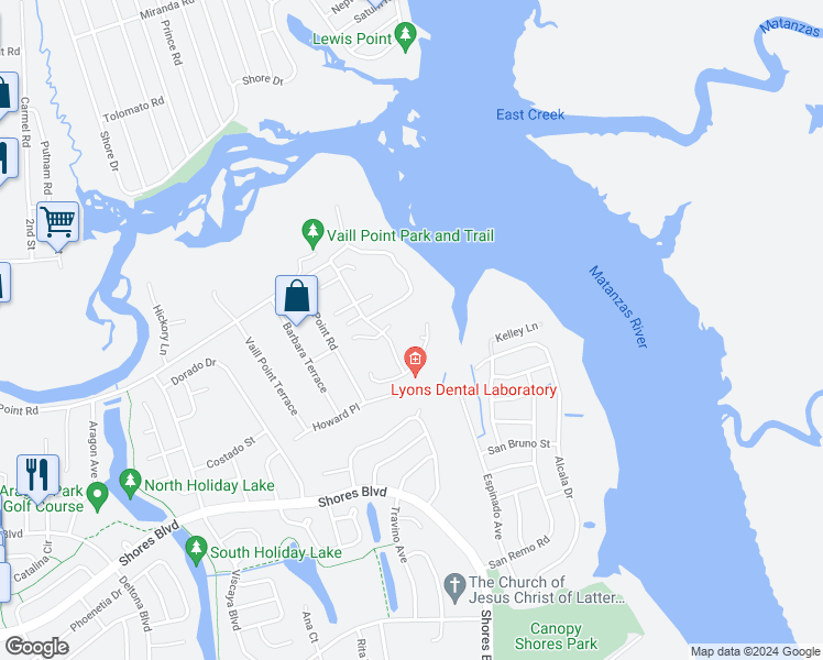map of restaurants, bars, coffee shops, grocery stores, and more near 706 Alden Way in St. Augustine