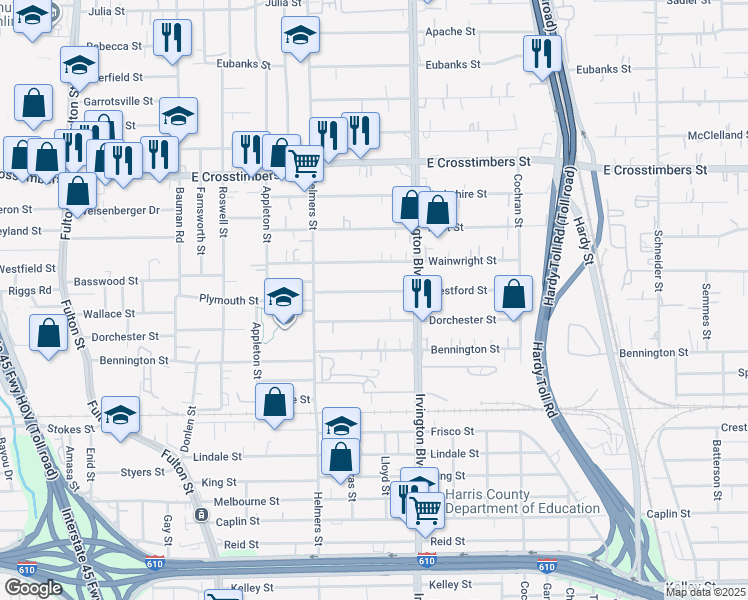 map of restaurants, bars, coffee shops, grocery stores, and more near 733 Westford Street in Houston