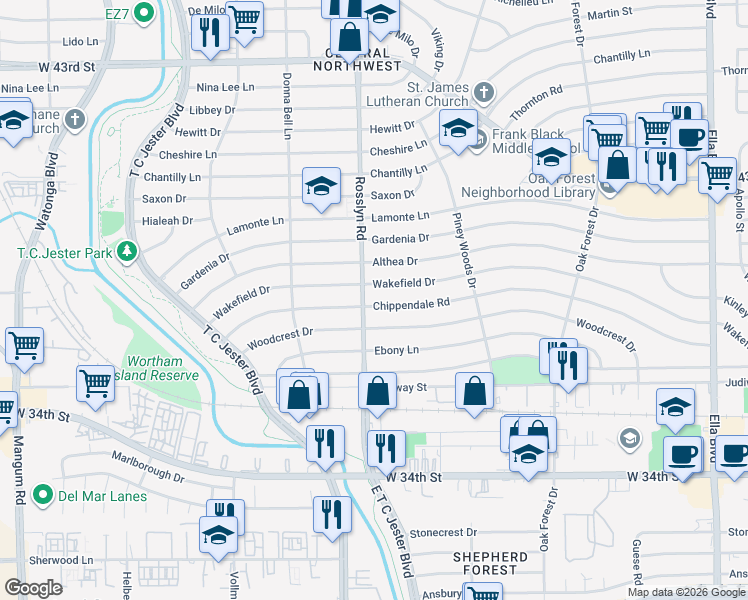 map of restaurants, bars, coffee shops, grocery stores, and more near 1730 Wakefield Drive in Houston