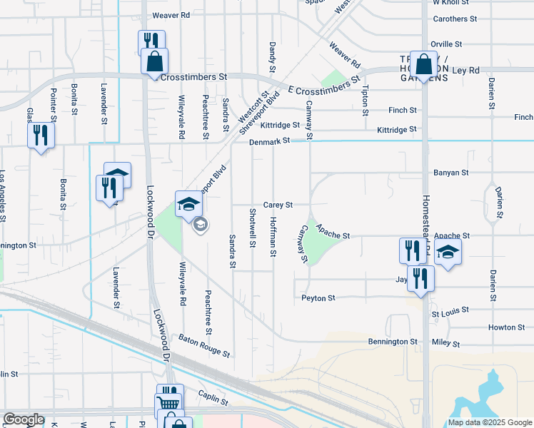 map of restaurants, bars, coffee shops, grocery stores, and more near 7101 Hoffman Street in Houston